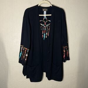 Bob Maki wearable art black button front dream catcher embroidered cardigan